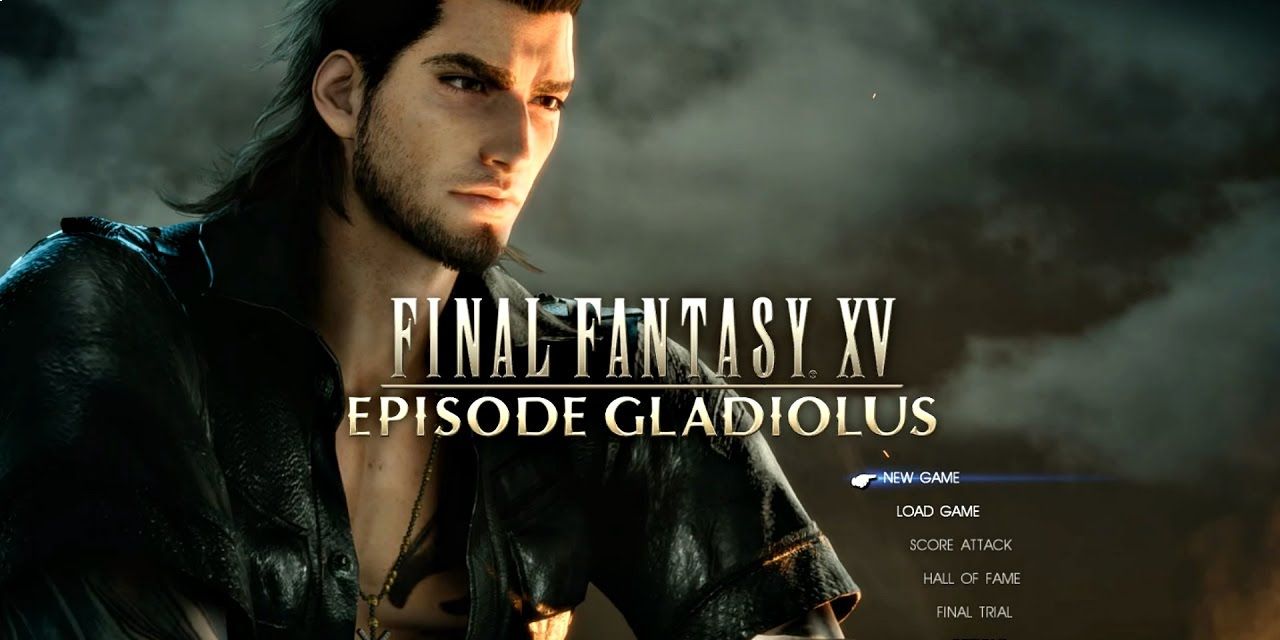 Gladio descansando em uma fogueira na tela inicial de Final Fantasy XV: Episode Gladiolus