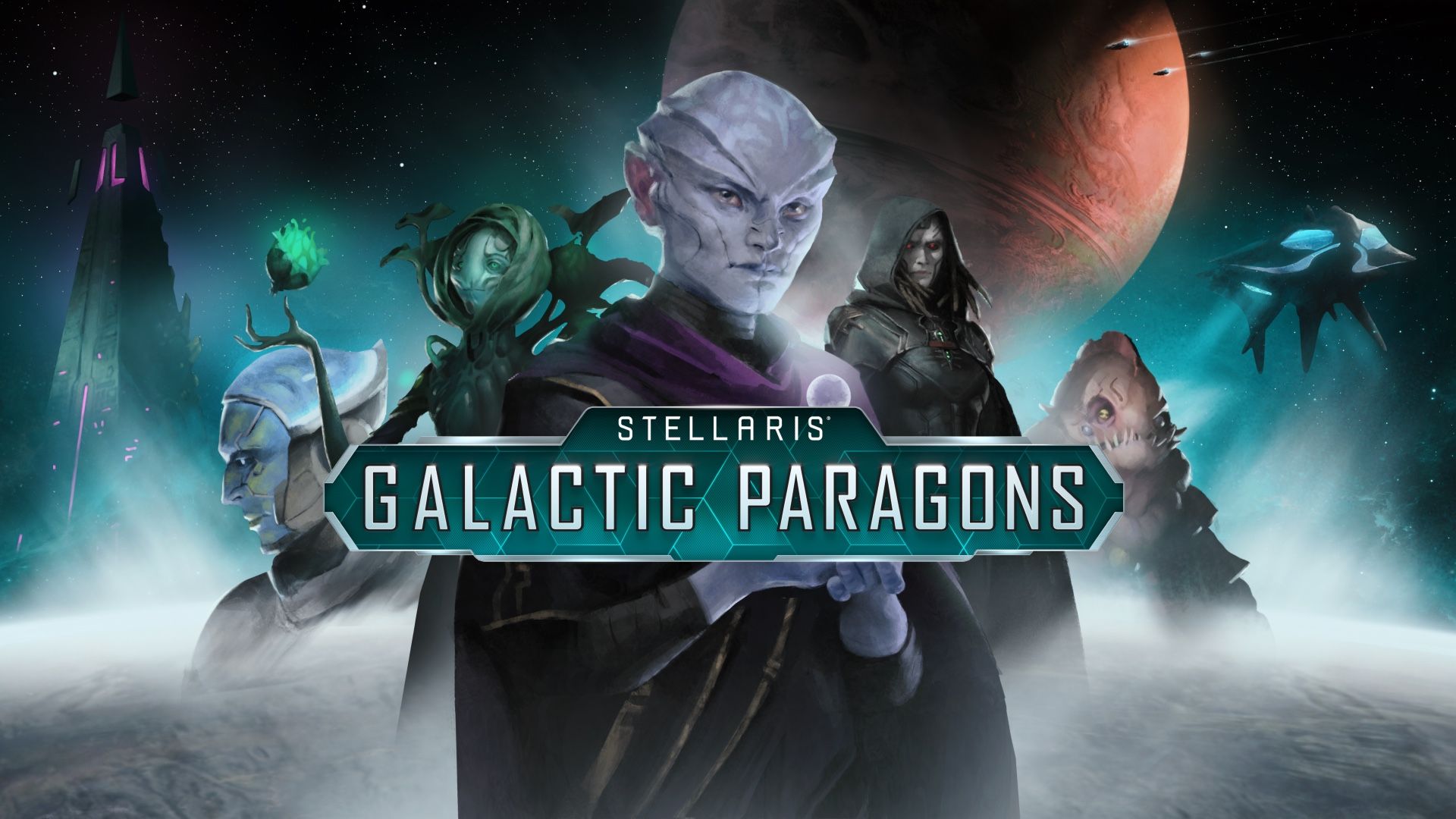 Key art for Stellaris: Galactic Paragons sowing a variety of alien leaders