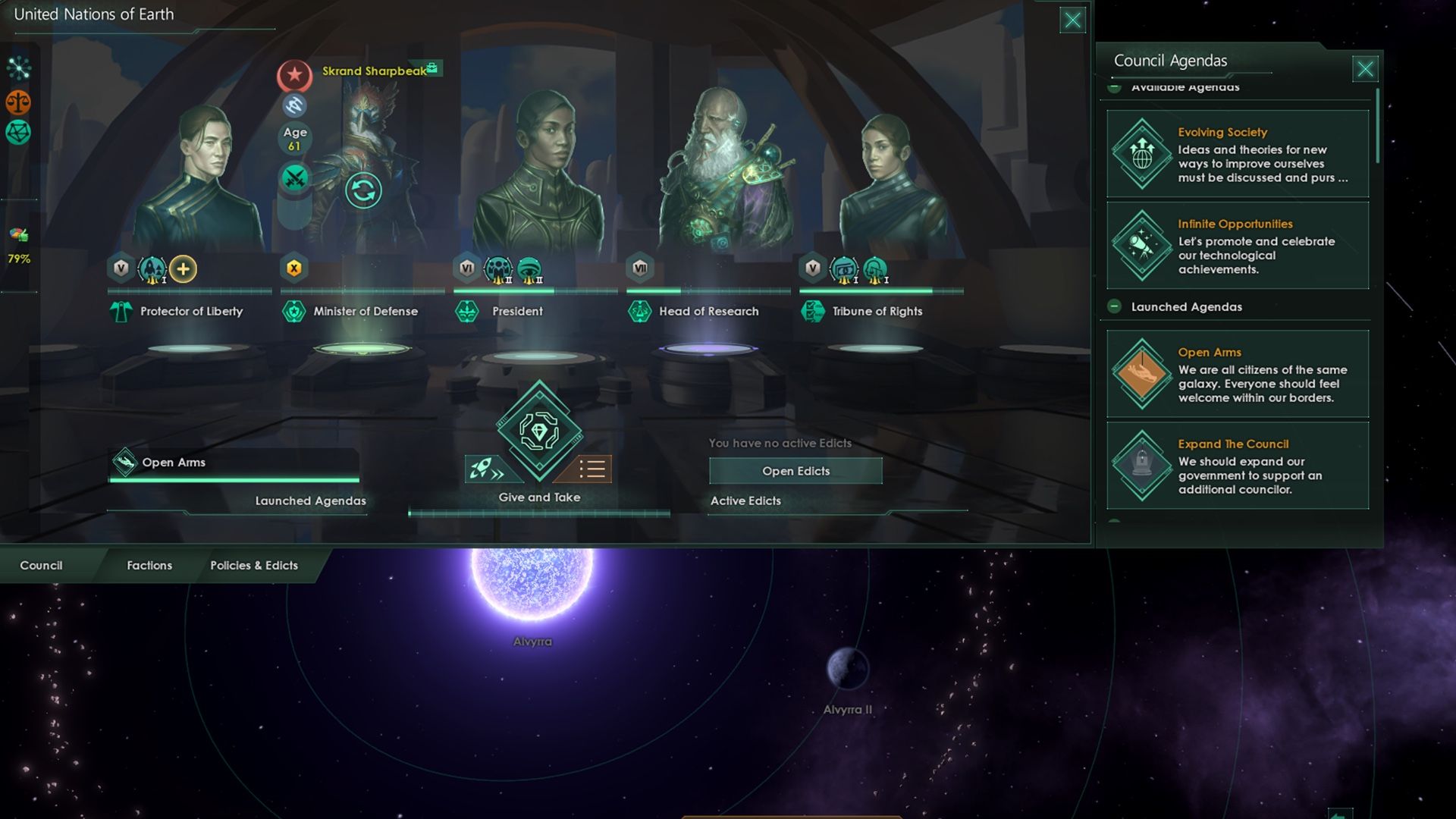 Uma captura de tela Stellaris do conselho