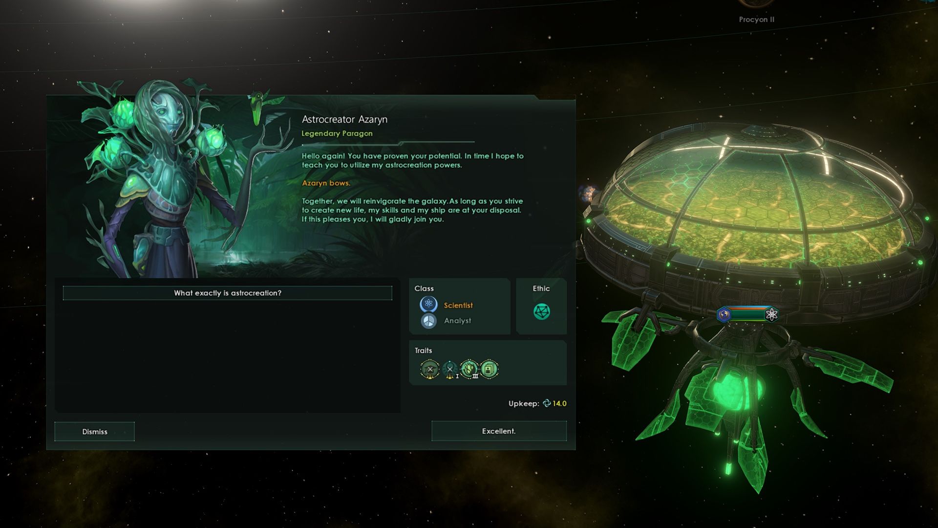 Uma captura de tela de um jogador encontrando o lendário modelo Astrocriador Azaryn em Stellaris