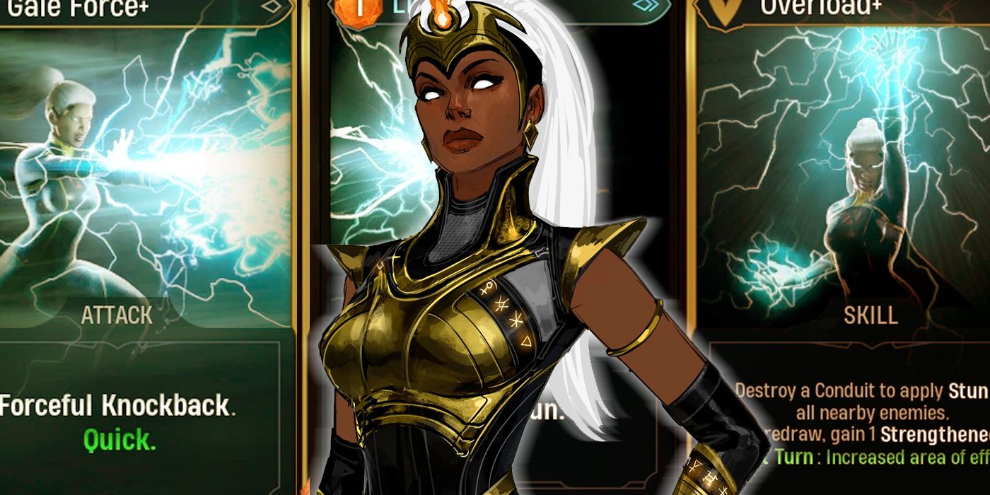Marvel's Midnight Suns - Storm posing in front of a background of her cards
