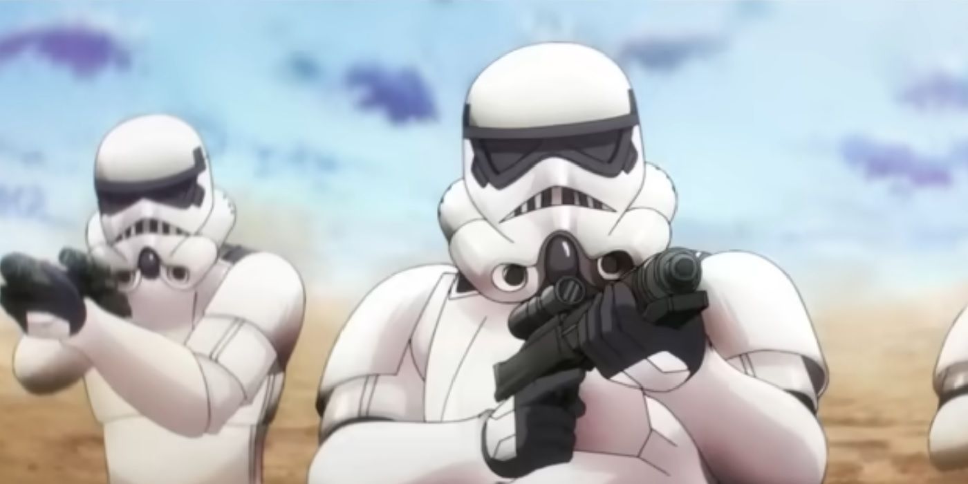 Stormtroppers apontando rifles blaster no deserto de Star Wars Visions Temporada 2