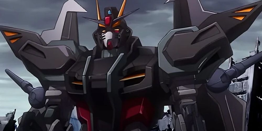 Strike Noir walks through a city's ruins in Gundam SEED Stargazer