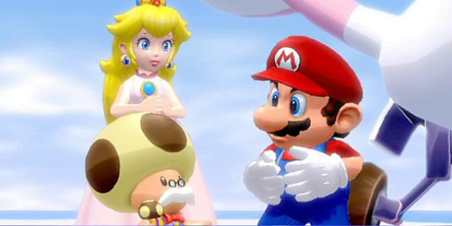 Princess Peach, Toadsworth, and Mario talk at the Delfino Airport in Super Mario Sunshine Intro.