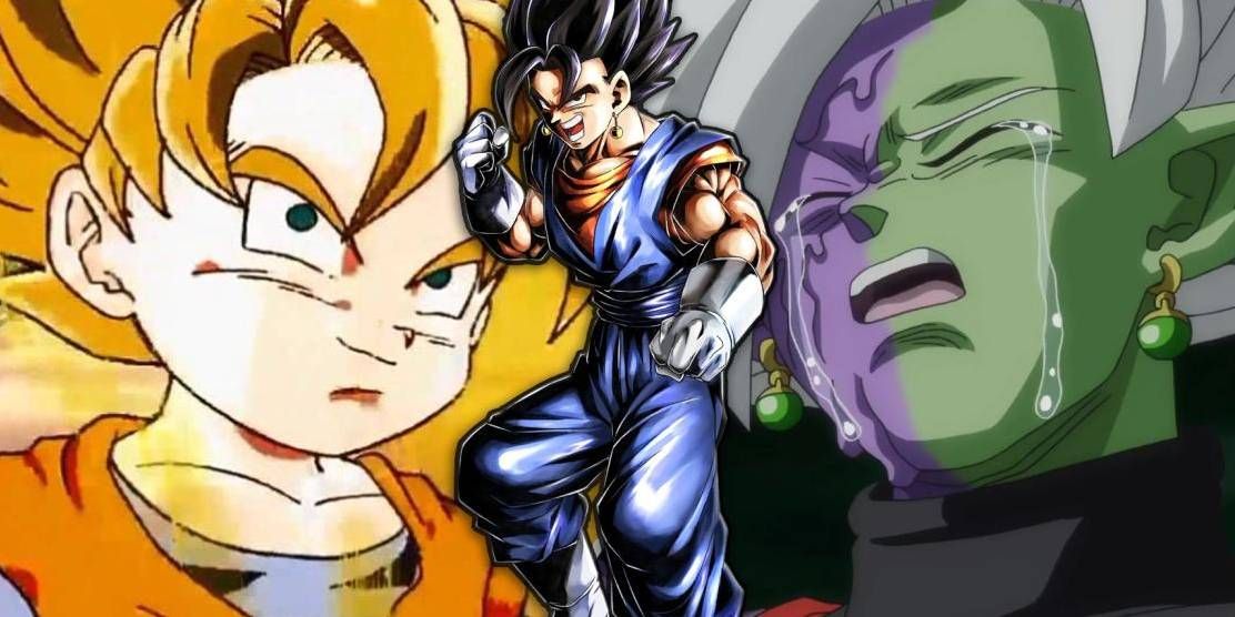 Dragon Ball: Super Saiyan Goten, Zamasu crying, and Vegetto in the middle.