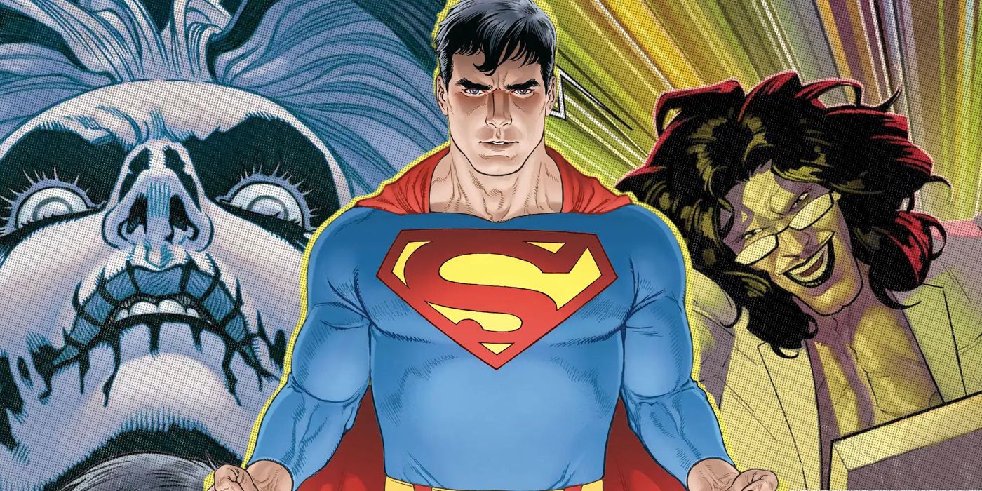 Superman in front of Silver Banshee composite background in DC Comics