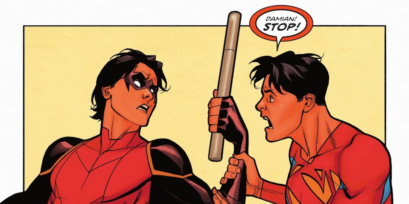 Jon Kent dizendo à versão Injustice de Damian Wayne para parar e mostrar misericórdia.