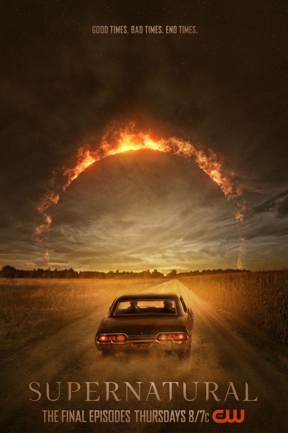 O Impala Negro dos Winchesters dirigindo em direção a um horizonte infernal no pôster do programa de TV Supernatural