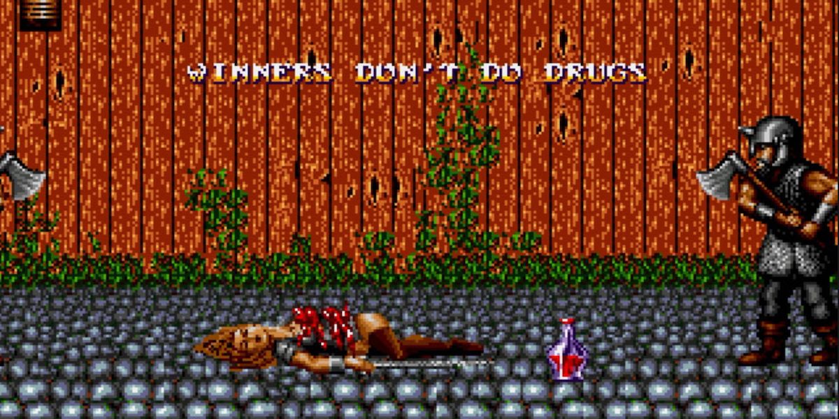 A combinação de poções resulta em morte e alerta Winners Don't Do Drugs em Sword of Sodan