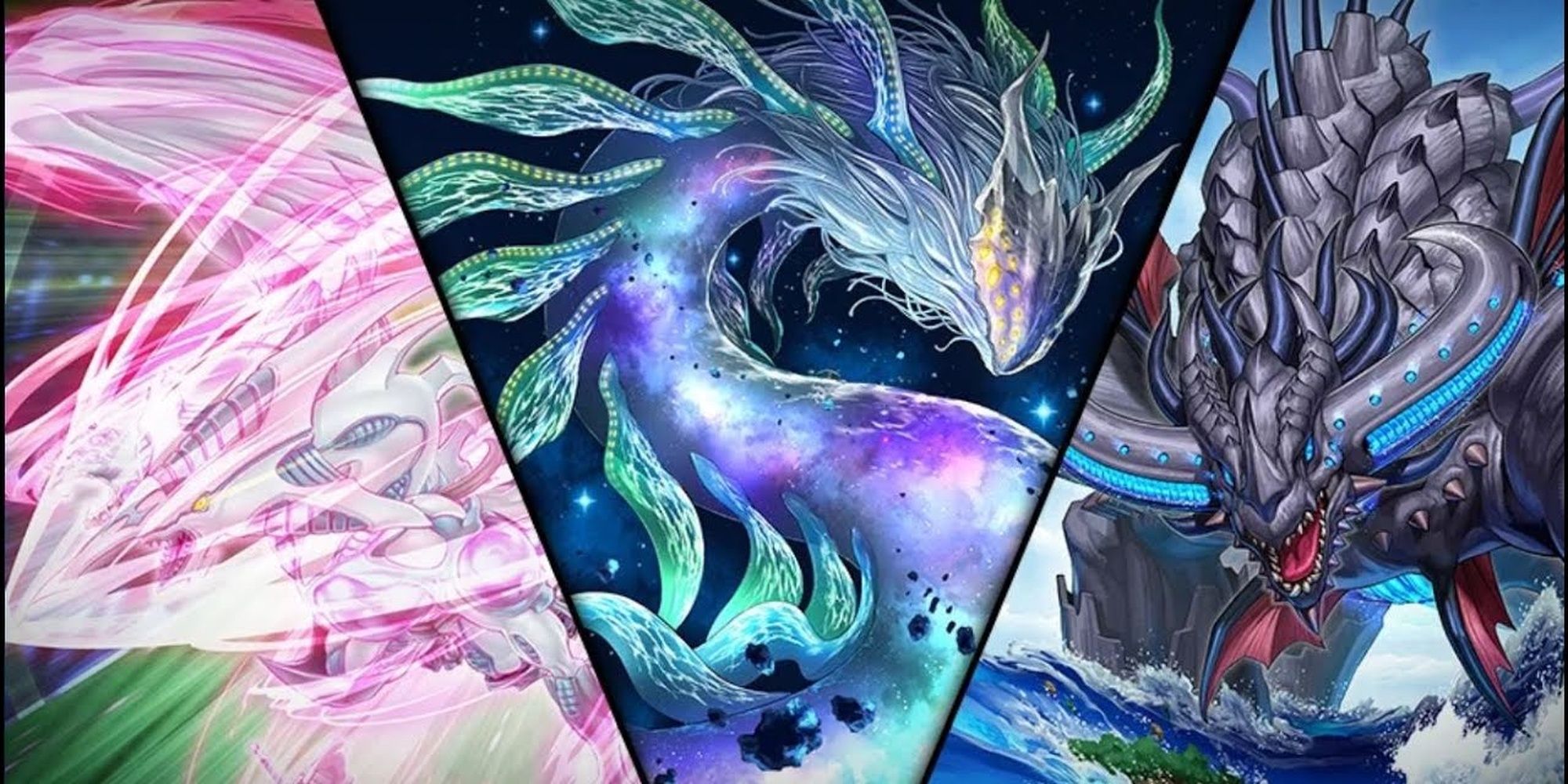 yugioh master duel selection pack synchronized cosmos cover art accel synchro stardust dragon, ghoti of the deep beyond, and worldsea dragon zealantis