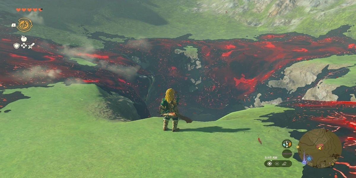   Link se aproxima de um poço que leva às Profundezas em Tears of the Kingdom