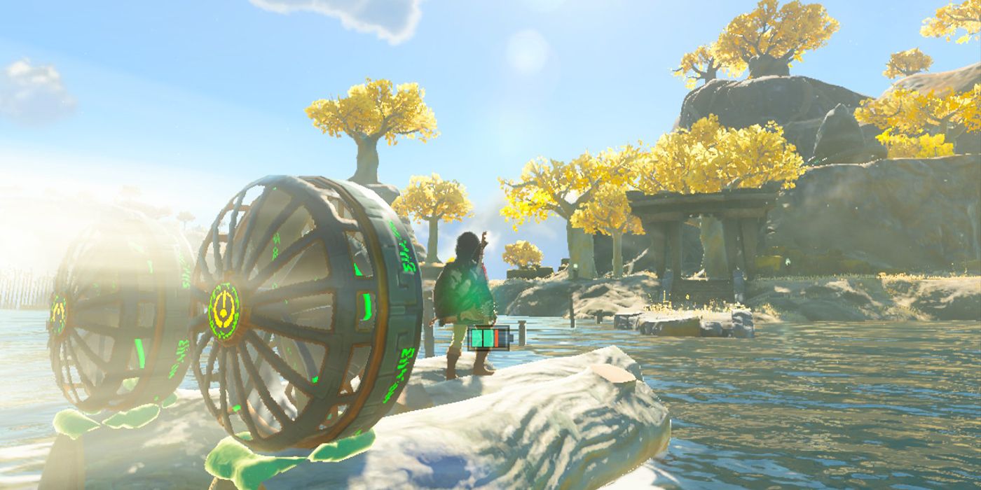 Uma visão traseira de Link em uma lancha em Tears of the Kingdom