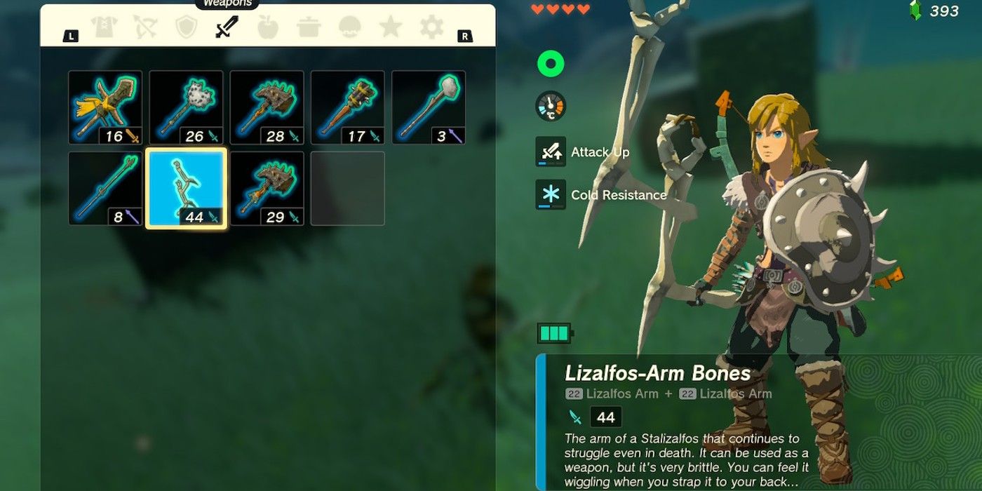 Uma arma de fusão Lizalfos-Arm Bones em The Legend of Zelda: Tears of the Kingdom