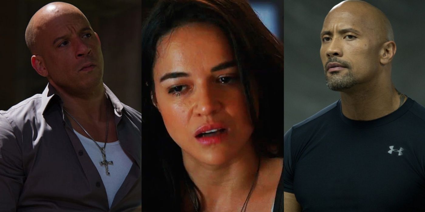 A split image of Dom Toretto, Letty, and Luke Hobbs in Fast & Furious