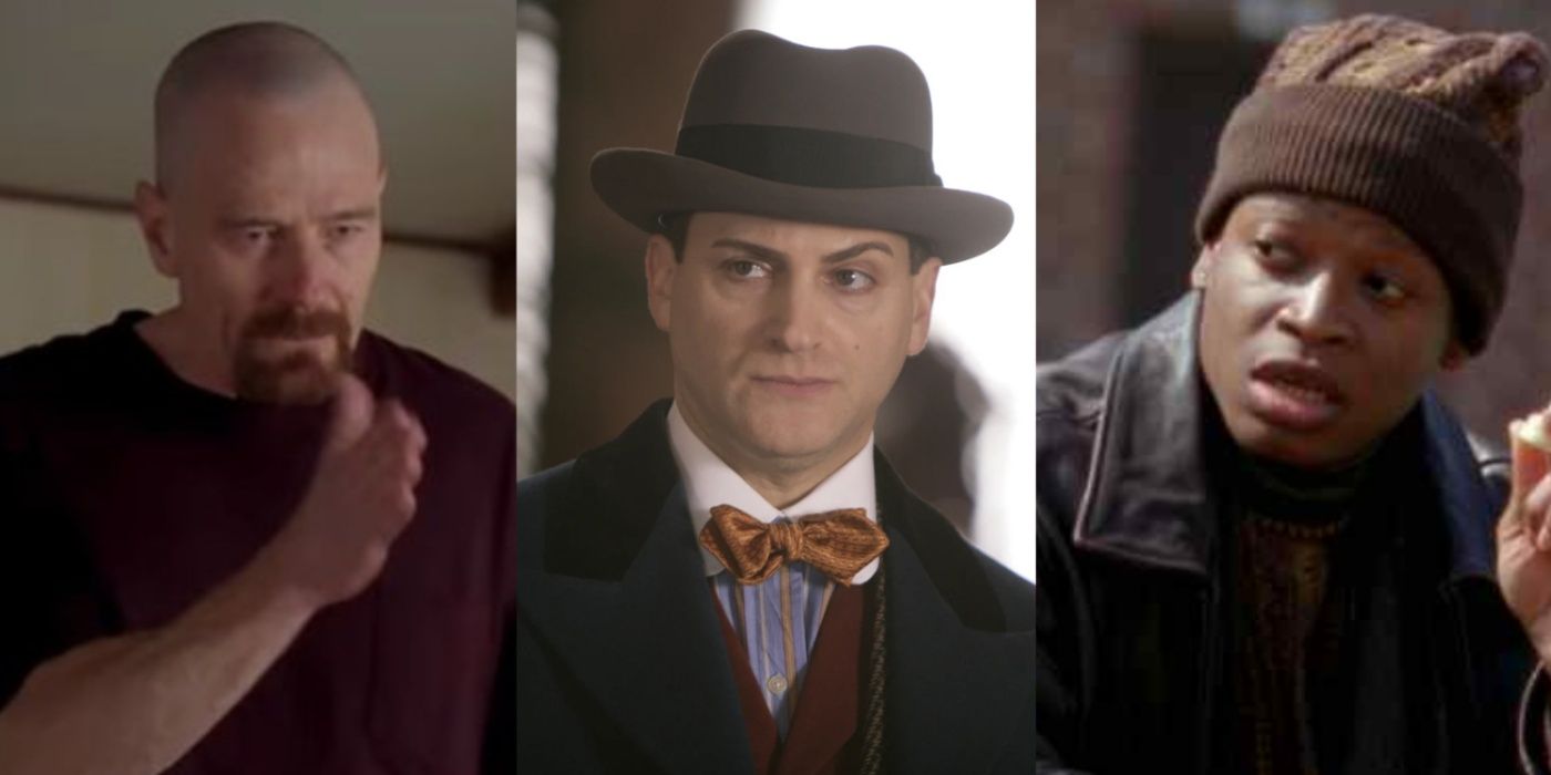 Split image showing Walter White from Breaking Bad, Arnold Rothstein from Boardwalk Empire and D'Angelo from The Wire