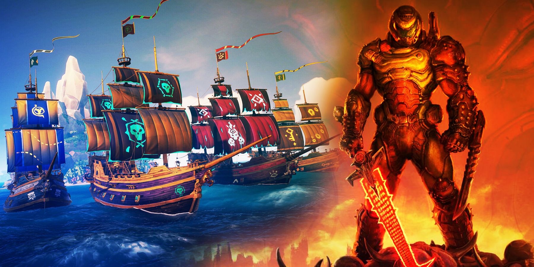 A fleet of ships from the game Sea of Thieves and a slayer from Doom Eternal