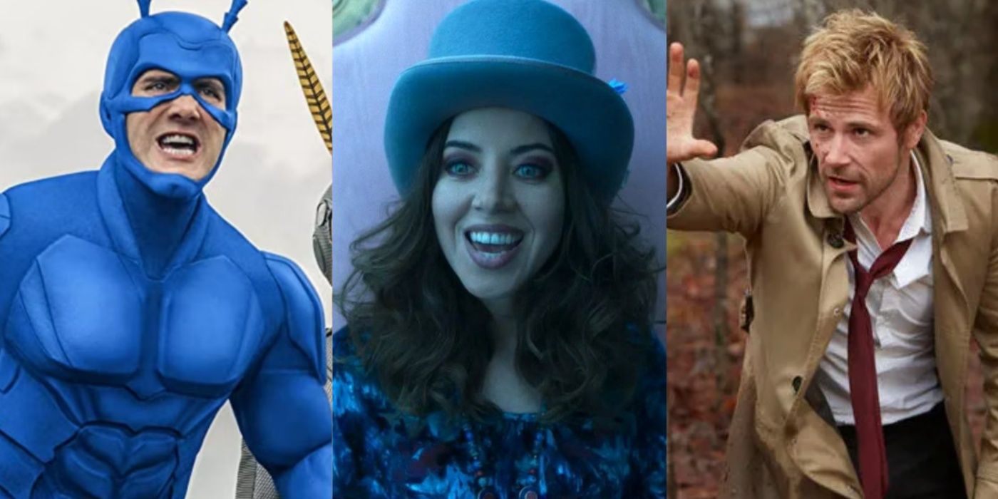 Split image showing scenes from superhero TV shows The Tick, Legion, and Constantine