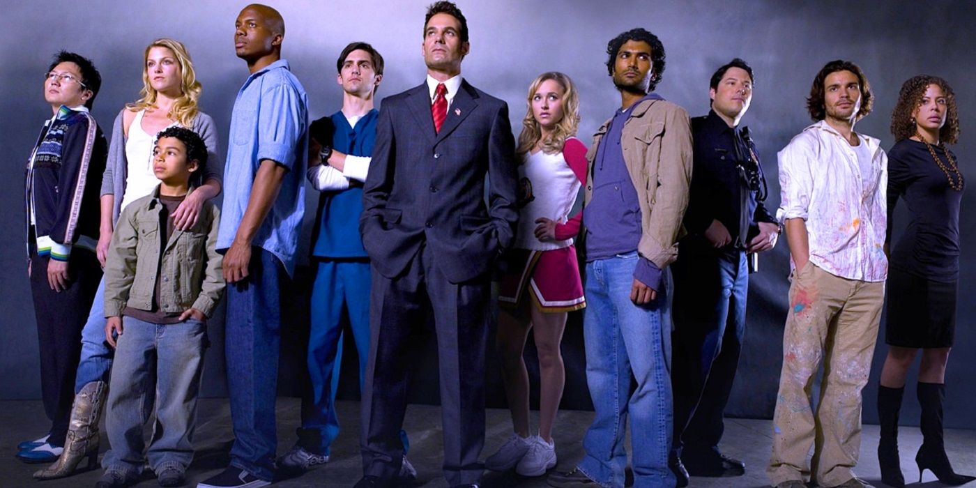 The cast of Heroes on NBC standing in a line