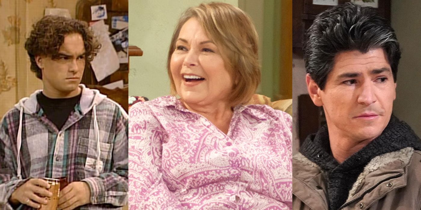 Split image of a young David from Roseanne, Roseanne Barr, and DJ from The Conners.
