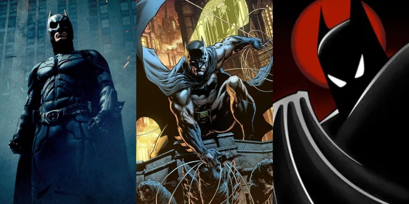 Split image of Batman in The Dark Knight, Batman comic art, and The Animated Series.