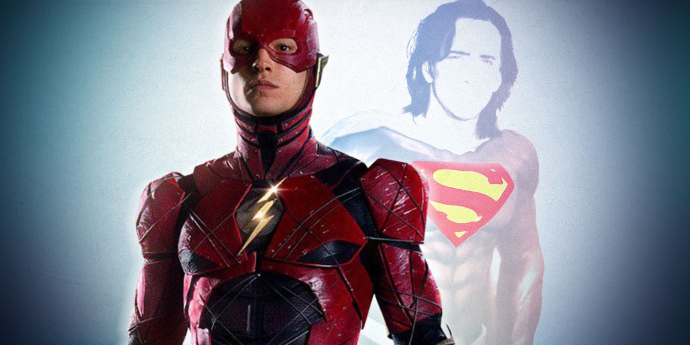 Ezra Miller's The Flash stands in front of Nicolas Cage's transparent Superman