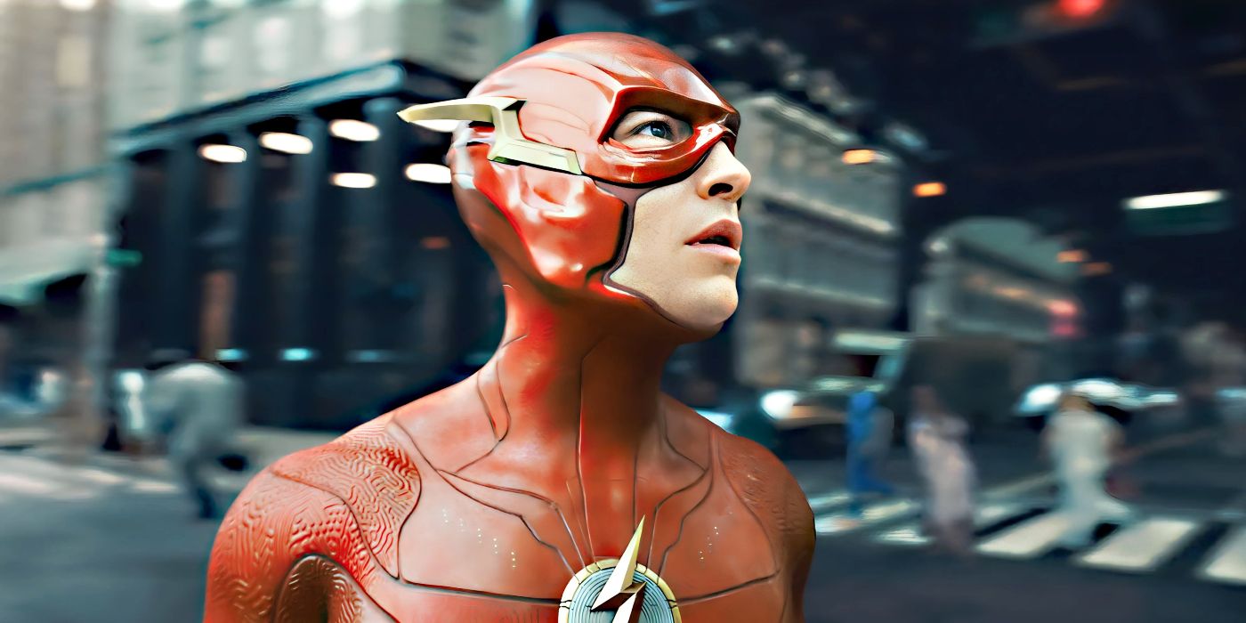The Flash, played by Ezra Miller, looks down a Gotham City street in the 2023 film.