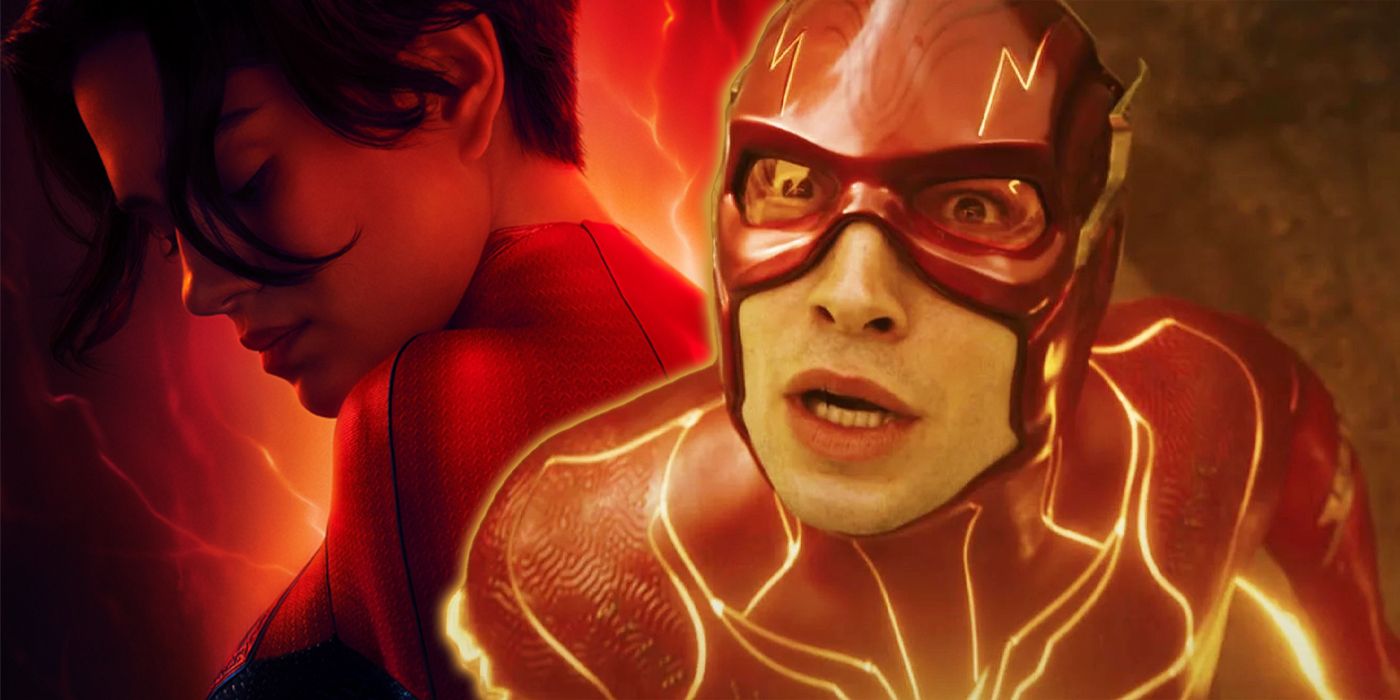 Barry Allen (Ezra Miller) looks up in a still from The Flash beside a Supergirl (Sasha Calle) poster
