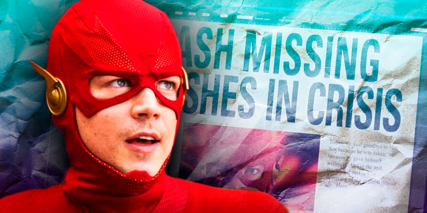The Flash (Grant Gustin) next to a newspaper headline about his disappearance