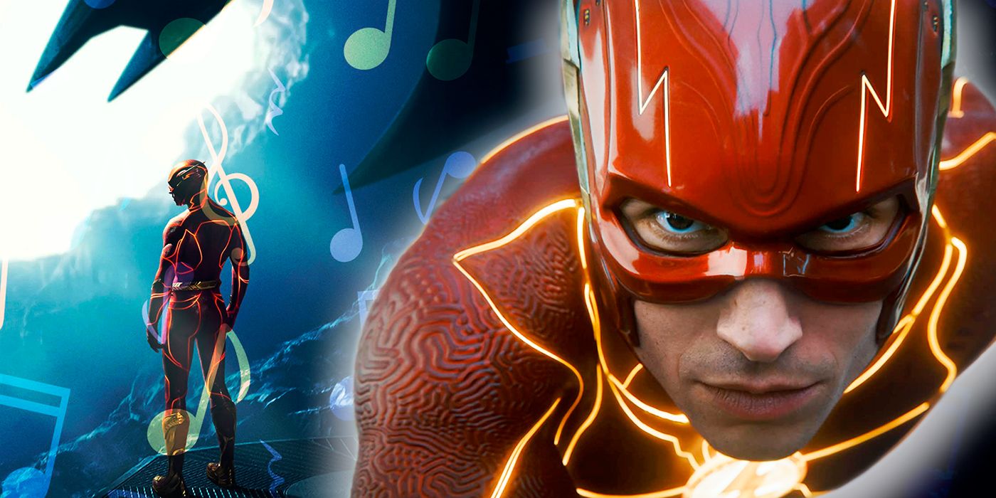 Ezra Miller's The Flash surrounded by music notes 