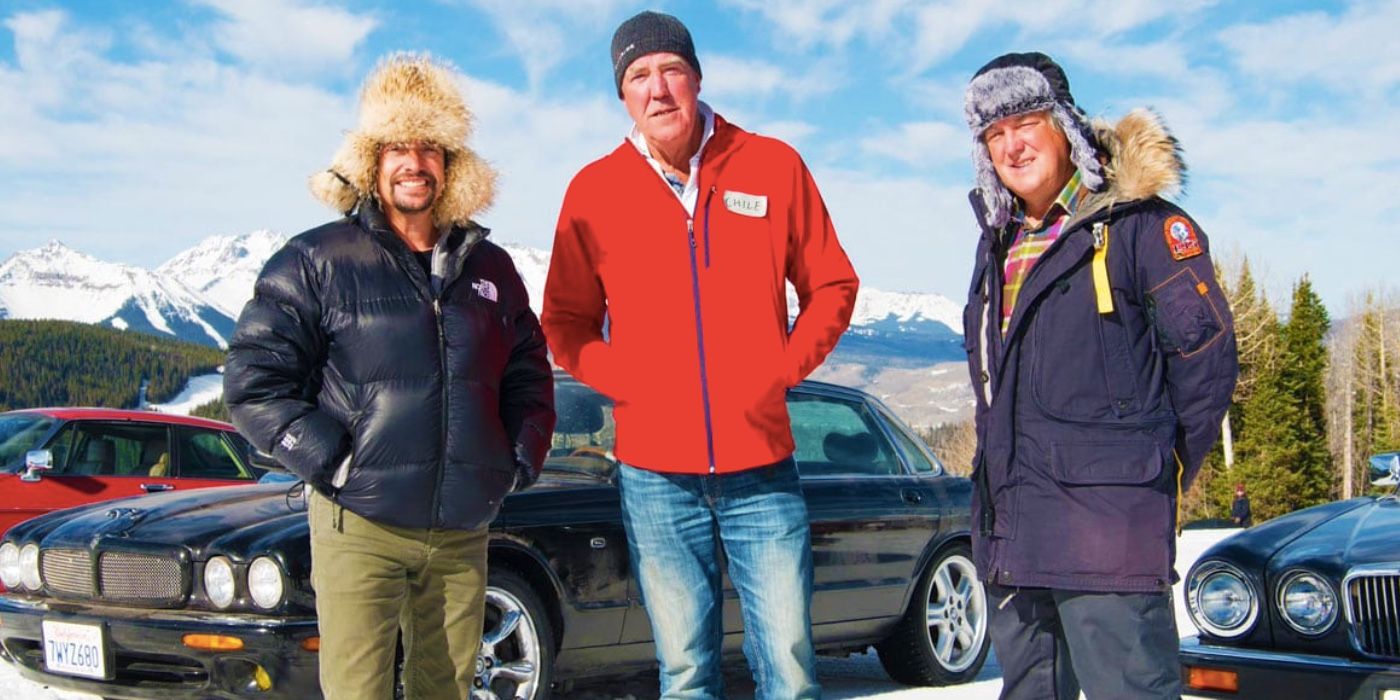 The Grand Tour's Richard Hammond, Jeremy Clarkson, and James May in front of cars