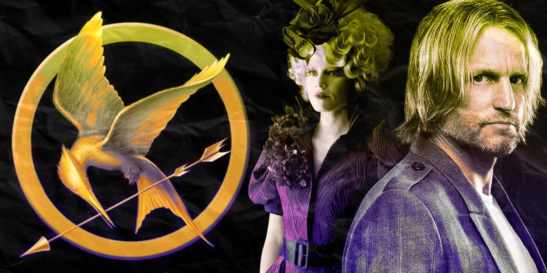 The Hunger Games' Effie and Haymitch alongside the Mockingjay logo.