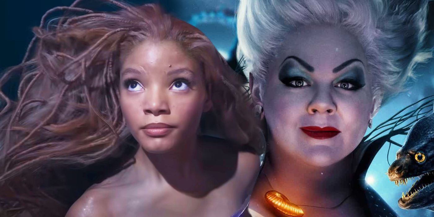Ariel (Halle Bailey) looking up; Ursula (Melissa McCarthy) poster for The Little Mermaid (2023)