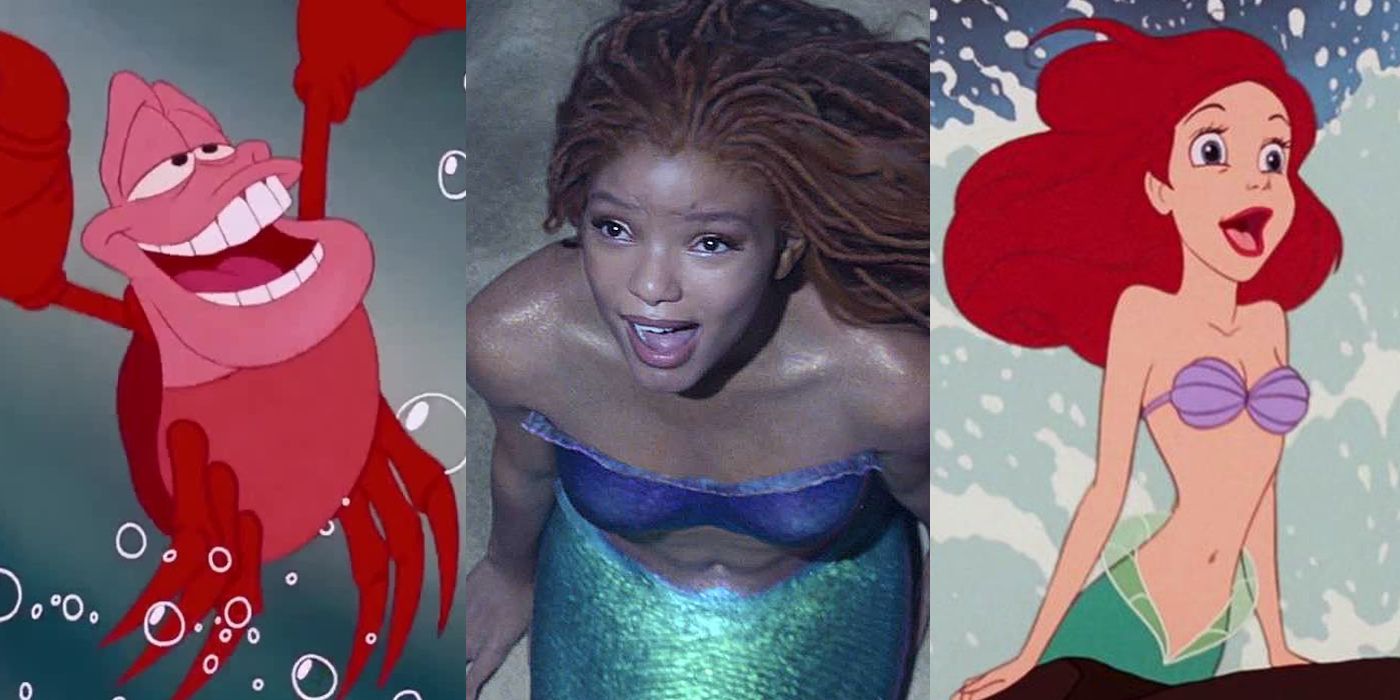 Split Image: Sebastian (Samuel Wright)  the crab in The Little Mermaid (1989), Ariel (Halle Bailey) singing in The Little Mermaid (2023), and Ariel (Jodie Benson) atop the rock in The Little Mermaid (1989)