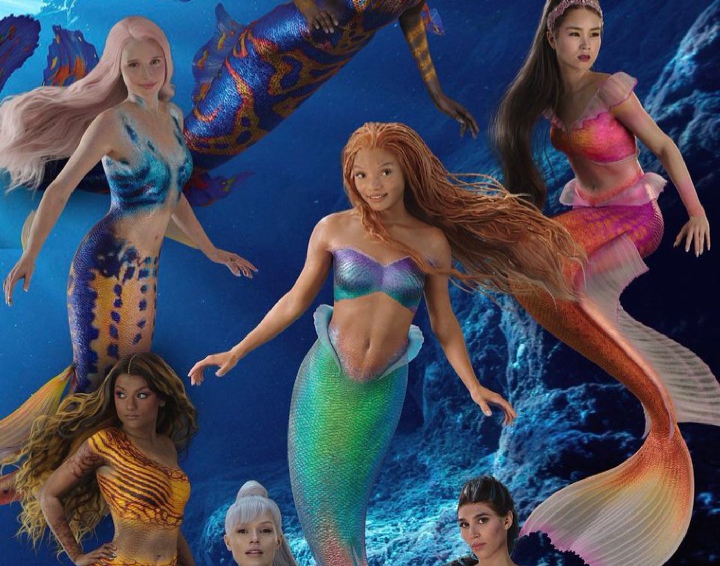 Arte promocional de Ariel e suas irmãs de A Pequena Sereia (2023)