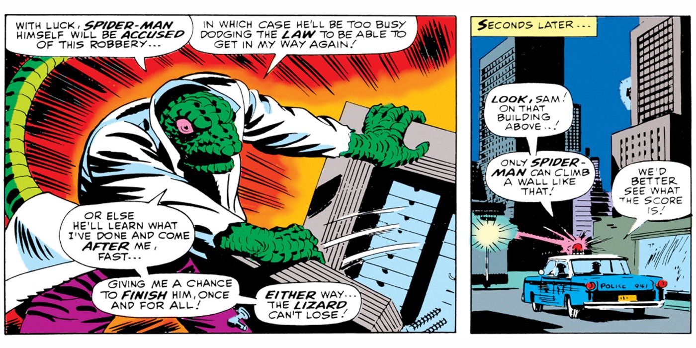 The Lizard robbing a jewelry store and framing Spider-Man from Marvel Comics