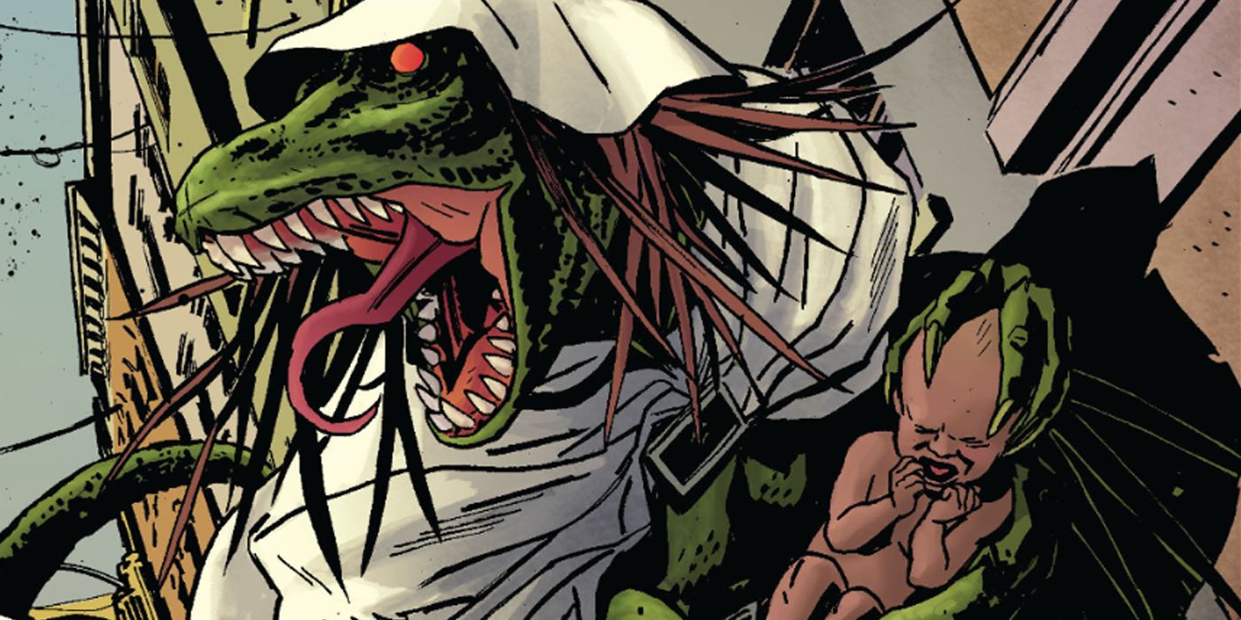 The Lizard stealing the infant Stanley Osborn from Marvel Comics