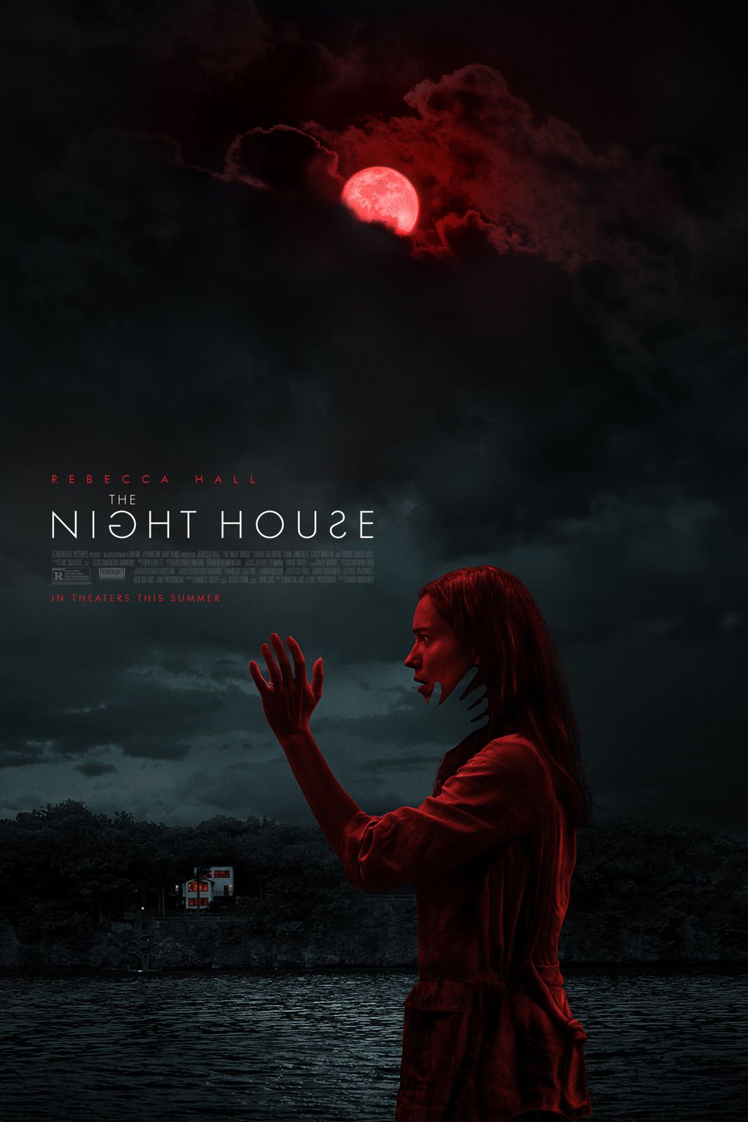 Beth raises her arm while tinted red on The Night House Film Poster