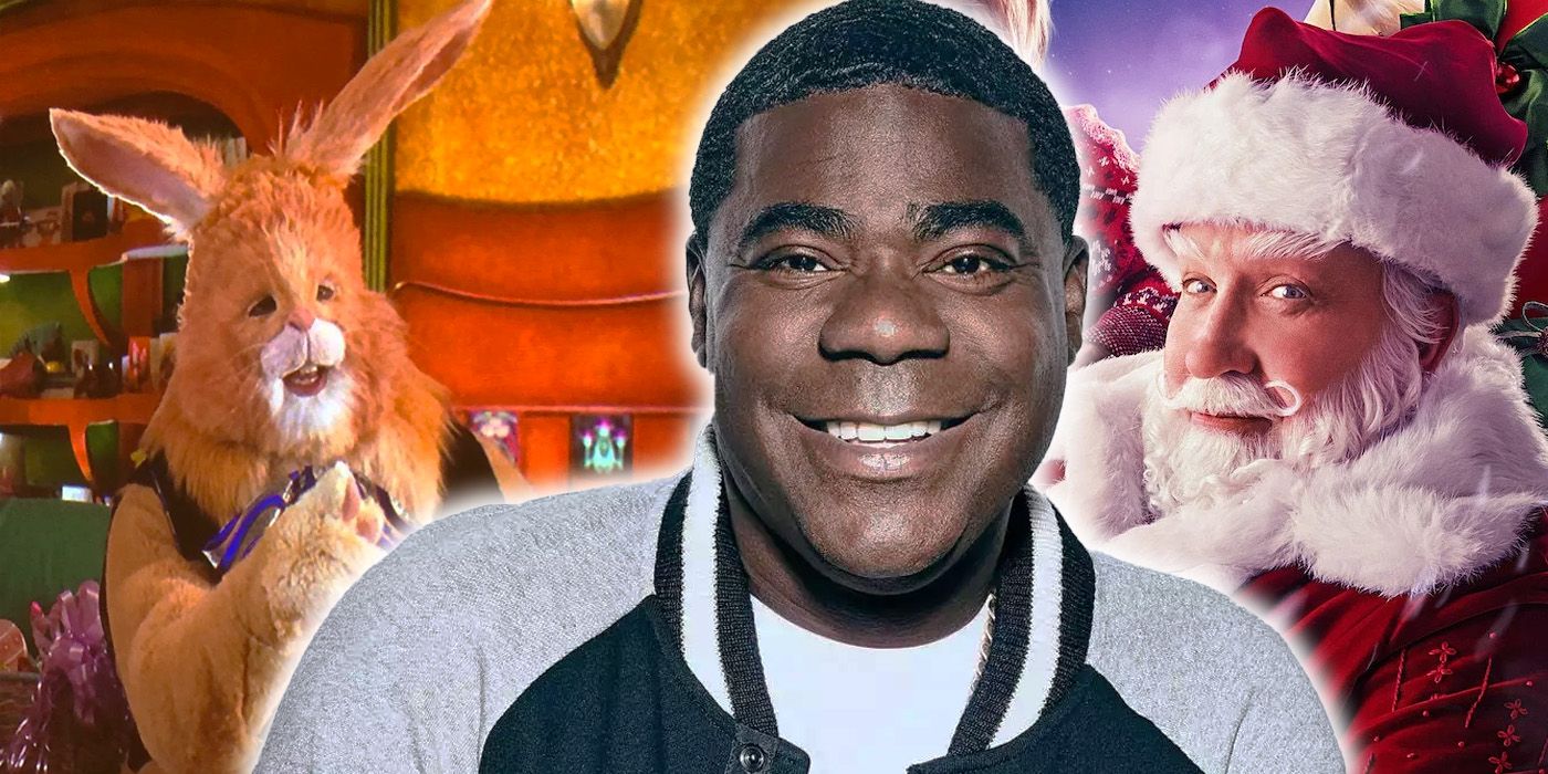 The Easter Bunny from The Santa Clause 2 beside Tracy Morgan and an image of Santa Claus (Tim Allen).