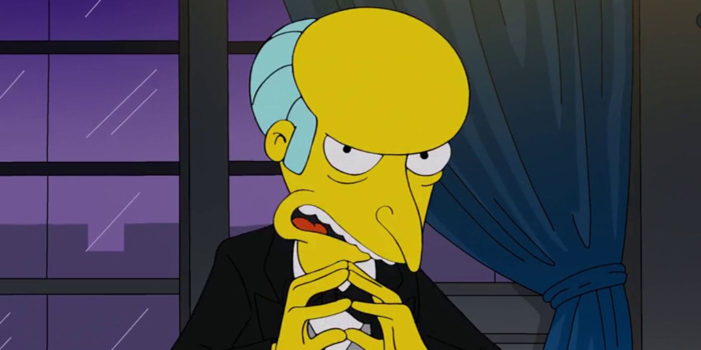 El Sr. Burns se sienta en su silla con una mirada intrigante en su rostro en Los Simpson