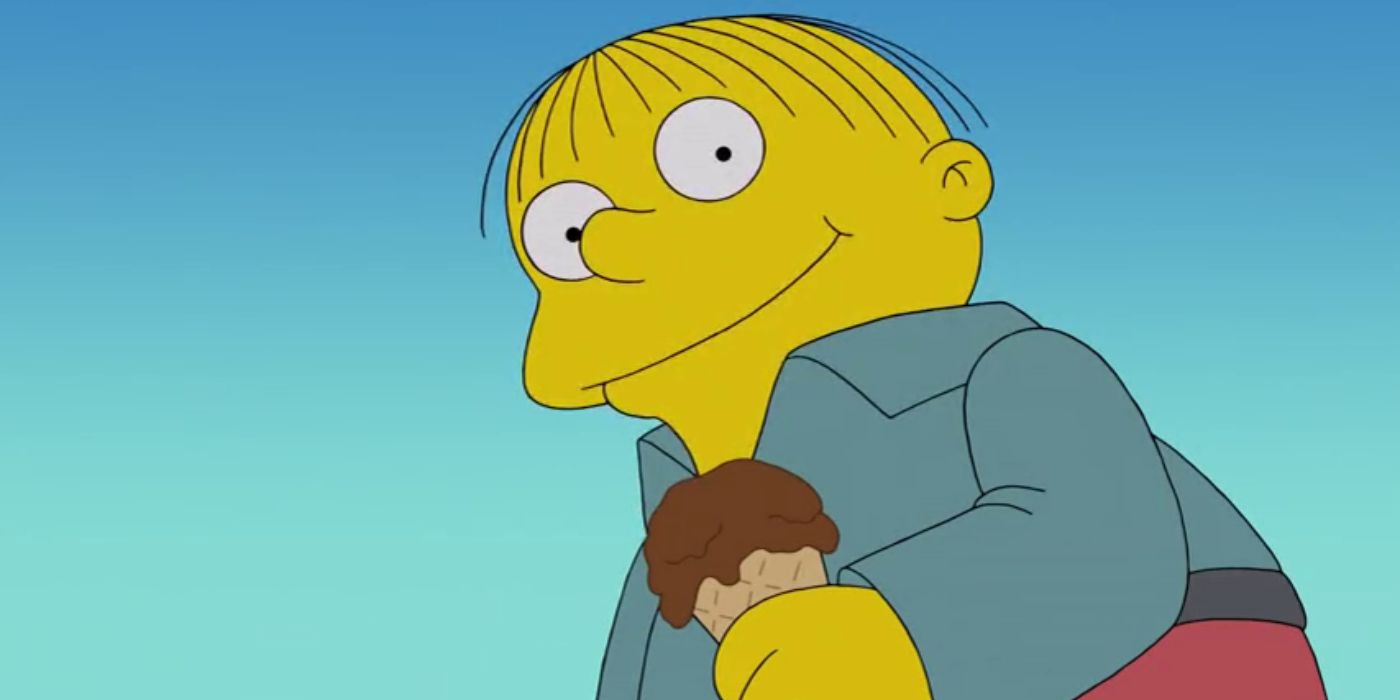 Ralph Wiggum holds a chocolate icecream and smiles against a sky background