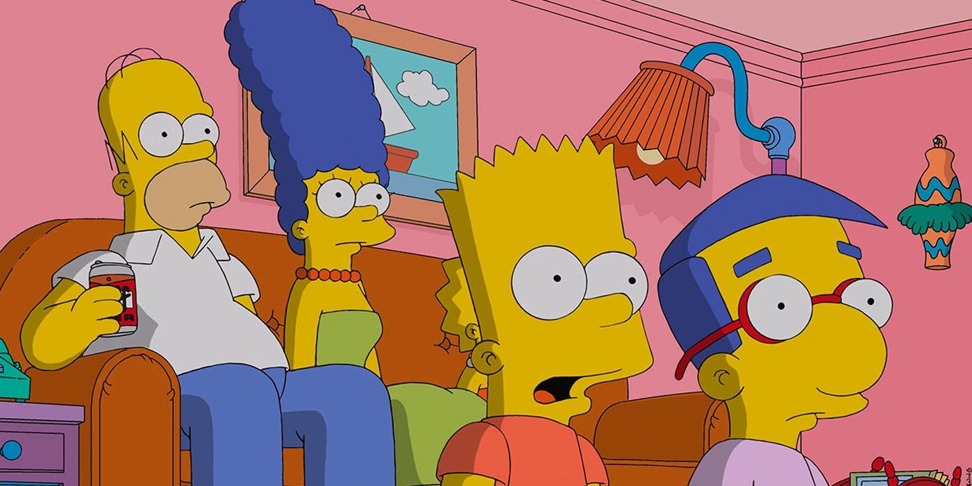 The Simpsons and Milhouse looked suprised/concerned while watching TV.