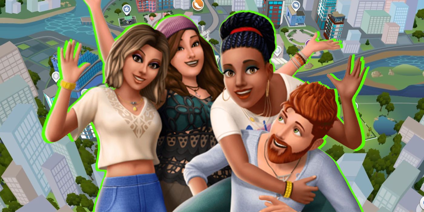 cheered four The Sims 4 Characters in front of San Myshuno city map