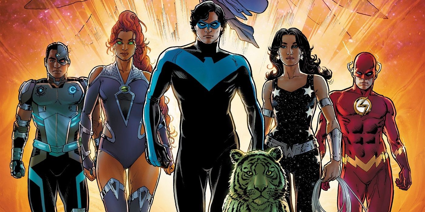 The Titans Cyborg, Starfire, Nightwing, Donna, and the Flash