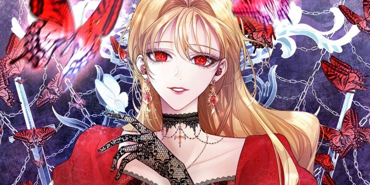 The titular heroine from the Roxana manhwa surrounded by chains and butterflies.