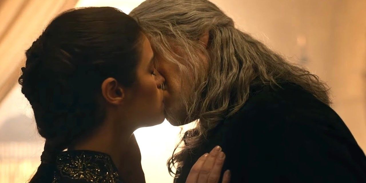 Yennefer and Geralt kiss in The Witcher