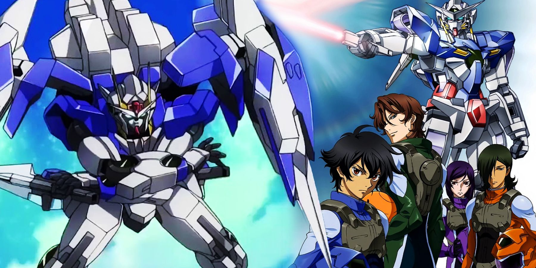 GN-0000 in battle and Setsuna F. Seiei with Tieria Erde, Lockon Stratos, Graham Aker and others from Mobile Suit Gundam 00