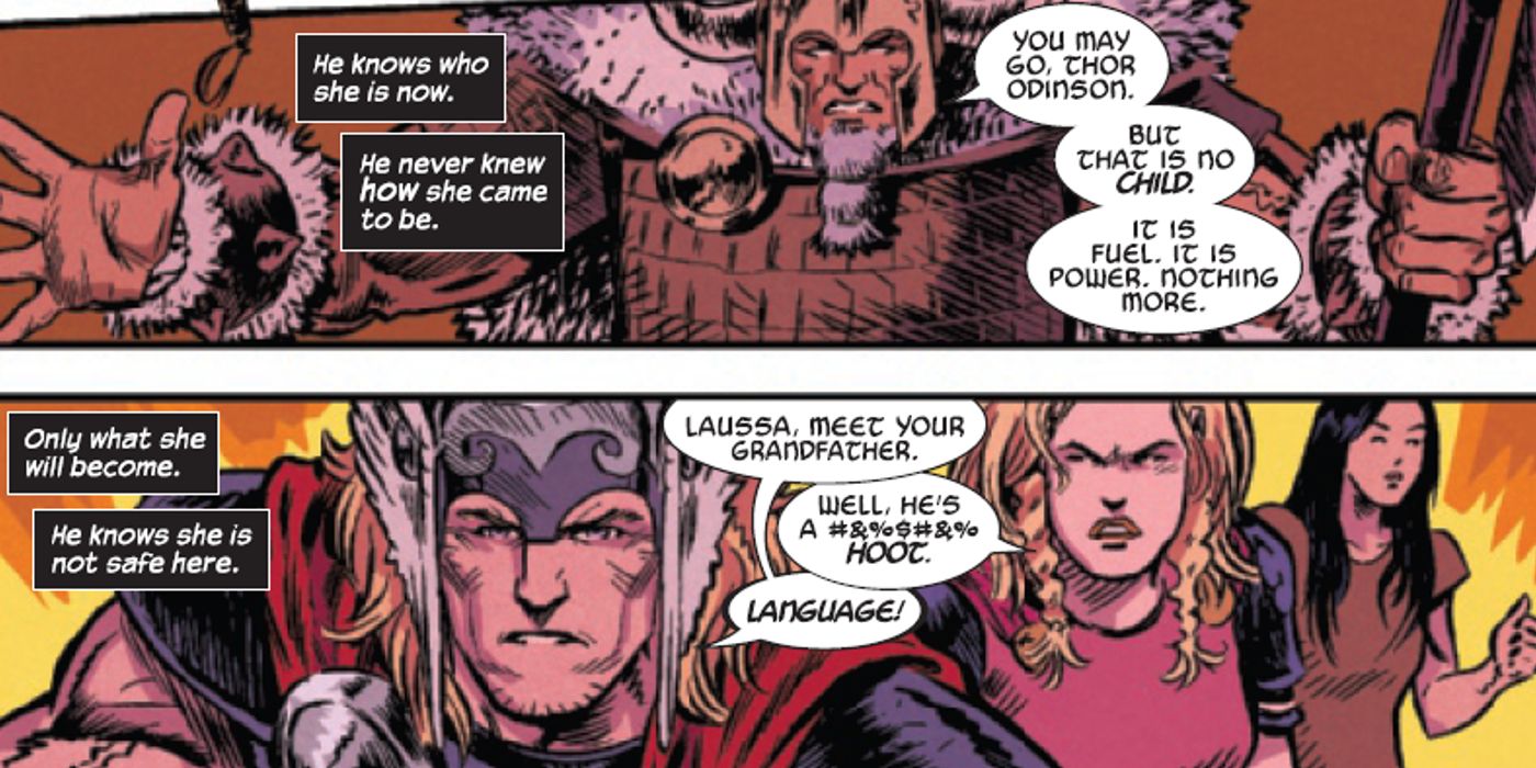 Thor, Laussa e Hela confrontando Bor em Thor #34.