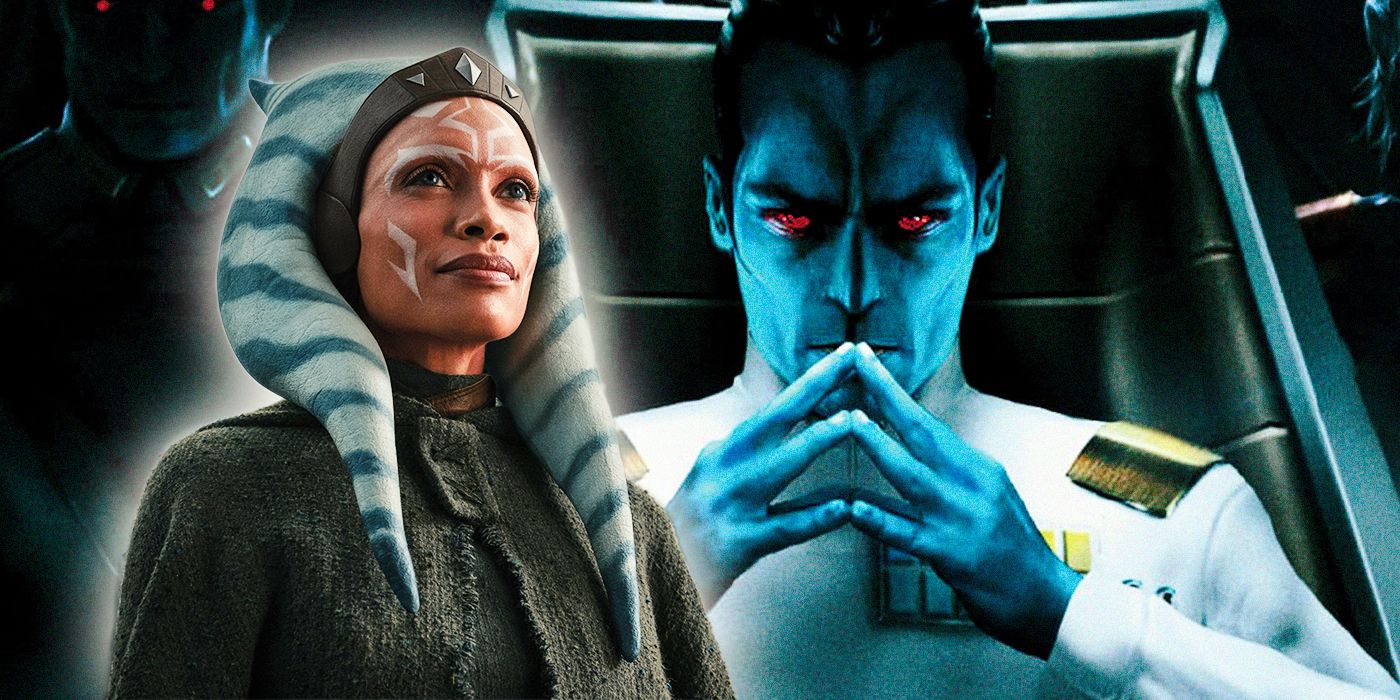 Rosario Dawson's Ahsoka stands in front of an image of Grand Admiral Thrawn.