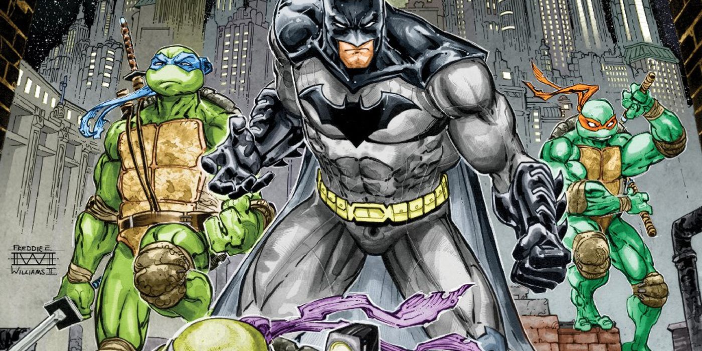 Batman posing with the Turtles on the cover of Batman/Teenage Mutant Ninja Turtles