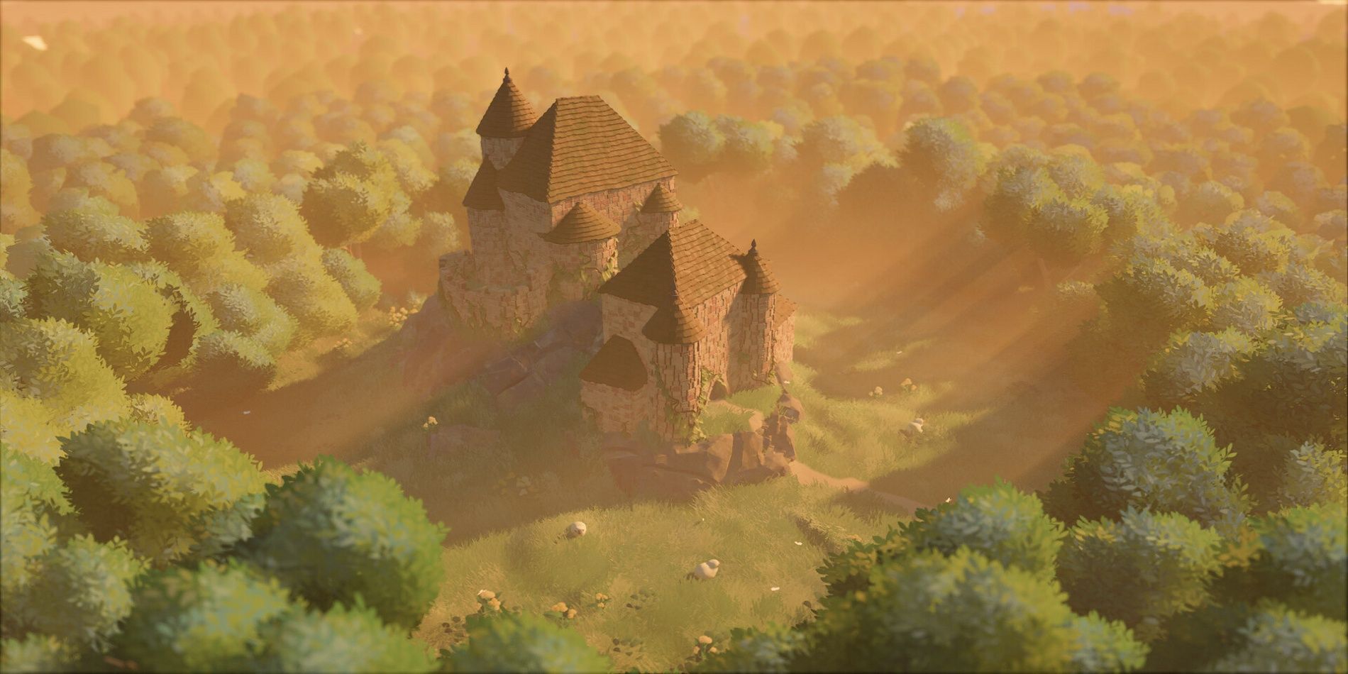 A picturesque dawn breaks over a castle in a forest in Tiny Glade
